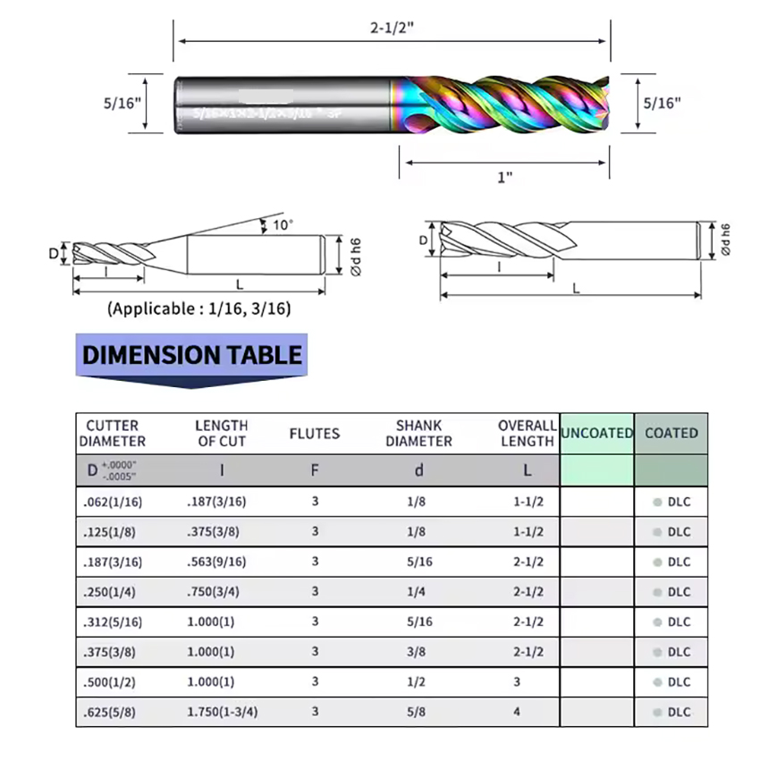 Cnc Process Hard Carbide end milling cutter DLC Coating 3 Flutes End Mill for Cutting Aluminum end m