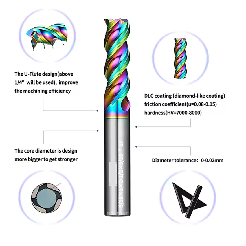 Cnc Process Hard Carbide end milling cutter DLC Coating 3 Flutes End Mill for Cutting Aluminum end m